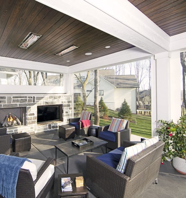 patio with fireplace enclosed by all-weather screens