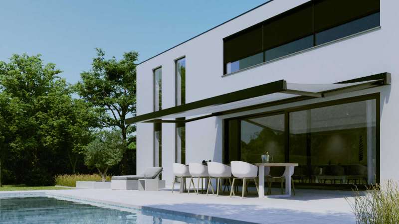 a patio next to a pool with roller blinds